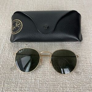 Ray-Ban Round Metal Polarized Gold Frame Sunglasses with Green Lenses Authentic